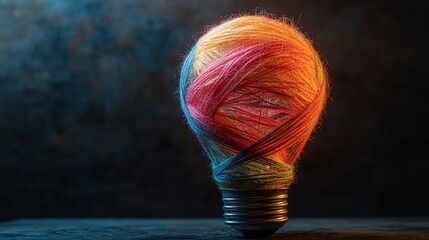 An abstract light bulb made of colorful threads, symbolizing creativity