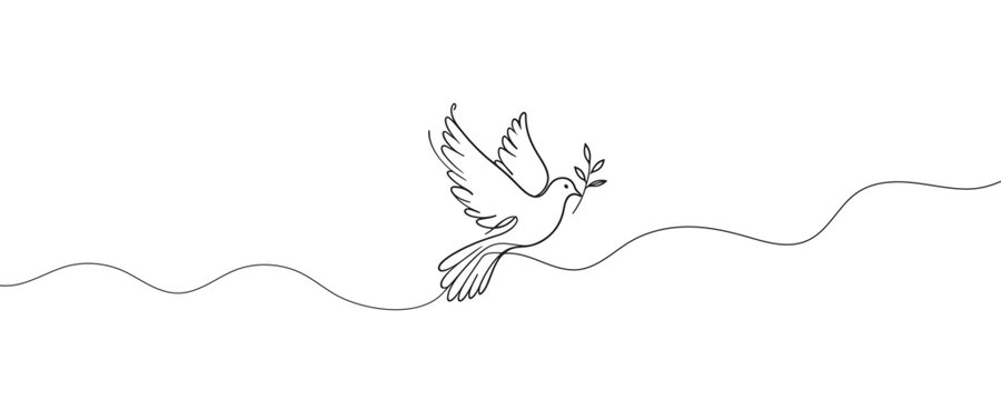 dove flying with olive branch, one line, vector illustration