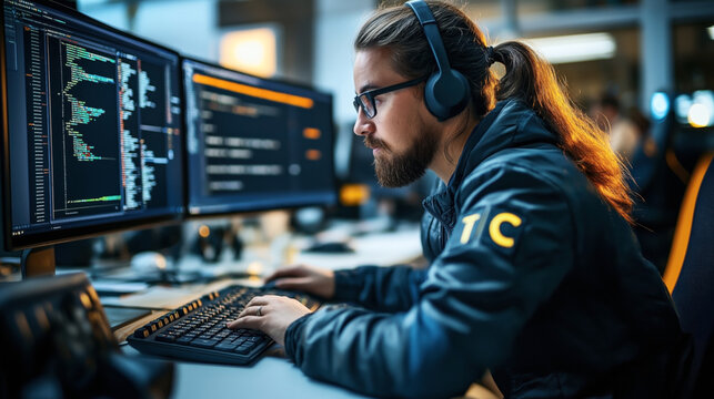 Focused programmer at a desk coding on multiple computer screens with headphones and glasses in a modern office setting, displaying lines of code and technical interfaces.