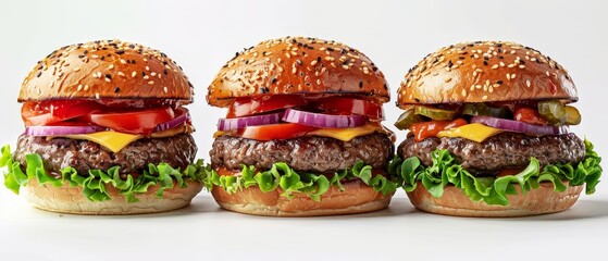 Delicious Gourmet Burger Trio on White Background