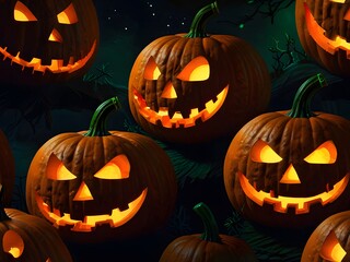 Haunting Halloween Night Mansion, Glowing Jack-o'-Lanterns, and Ghostly Figures