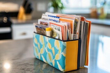 Coupon Organizer: A small, colorful organizer open on a kitchen counter, filled with categorized coupons for groceries and household items.