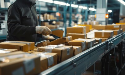 Postal worker sorting packages in a bustling mailroom, logistics operation 4K hyperrealistic photo.