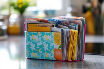 Coupon Organizer: A small, colorful organizer open on a kitchen counter, filled with categorized coupons for groceries and household items.