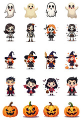 Collection of 24 isolated halloween characters with no background. Set of cute creatures including ghost, witch, grim reaper, pumpkin, monster and vampire