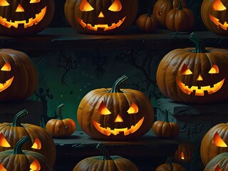 Haunting Halloween Night Mansion, Glowing Jack-o'-Lanterns, and Ghostly Figures