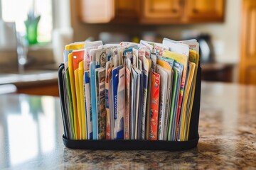 Coupon Organizer: A small, colorful organizer open on a kitchen counter, filled with categorized coupons for groceries and household items.