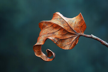 Red leaf curling on a branch against a blurred green backdrop
