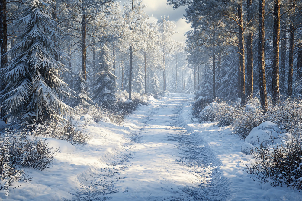 Canvas Prints Snow-covered forest path in winter with tall trees and gentle light