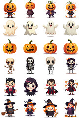Collection of 24 isolated halloween characters with no background. Set of cute creatures including ghost, witch, grim reaper, pumpkin, monster and vampire