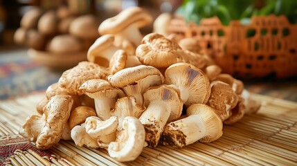 Fototapeta premium Fresh mushrooms on a wooden mat