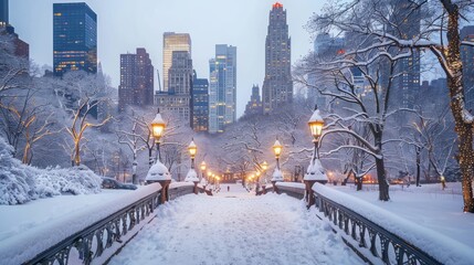 Snowy Bridge in Central Park with Cityscape View