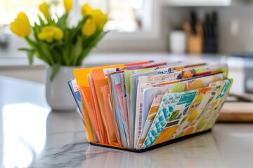 Coupon Organizer: A small, colorful organizer open on a kitchen counter, filled with categorized coupons for groceries and household items.