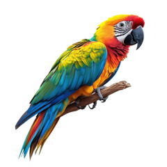 Colorful parrot perched on a branch, vibrant plumage, isolated on white background.