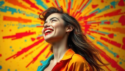 Naklejka premium A woman beams with joy against a vividly colored backdrop bursting with energetic patterns, embodying happiness and artistic expression