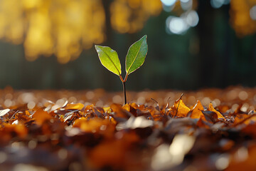 New plant growth emerging from autumn leaves in a forest setting