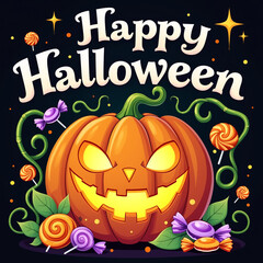 Happy Halloween Cartoon Illustration with Vibrant Design, Glowing Pumpkin, Candy Vines, and Festive Text Poster