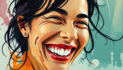 Joy emanates from the cheerful woman with striking red lips and lively hair, surrounded by vibrant colors that reflect her vibrant personality and cultural heritage