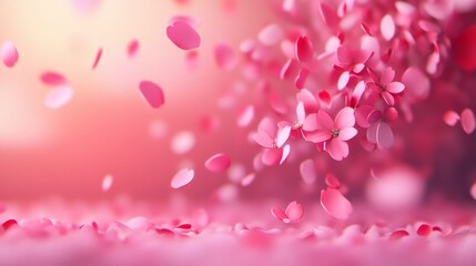 Pink flowers with pink petals are scattered all over the image. The flowers are in different sizes and are spread out in various directions. Scene is one of beauty and serenity