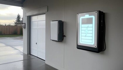 A modern garage wall installation showcases a solar inverter and battery, highlighting innovative energy solutions and efficient power storage for sustainable living.
