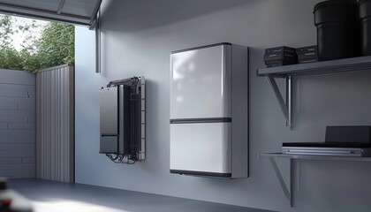 A modern garage interior showcasing a solar power system including an inverter and battery unit, emphasizing energy efficiency and innovative design.