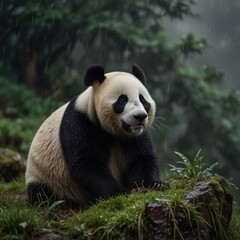 Fototapeta premium A giant panda sitting in a lush green forest during a light rain shower.