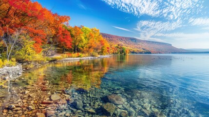 Fototapeta premium Autumnal Forest Reflecting in a Clear Lake with a Distant Mountain Range
