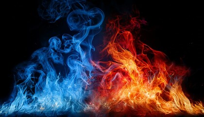 Fototapeta premium 青い炎と赤い炎のコントラスト（blue fire and red fire contrast background） 