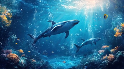 Underwater background of the ocean floor with fish whales
