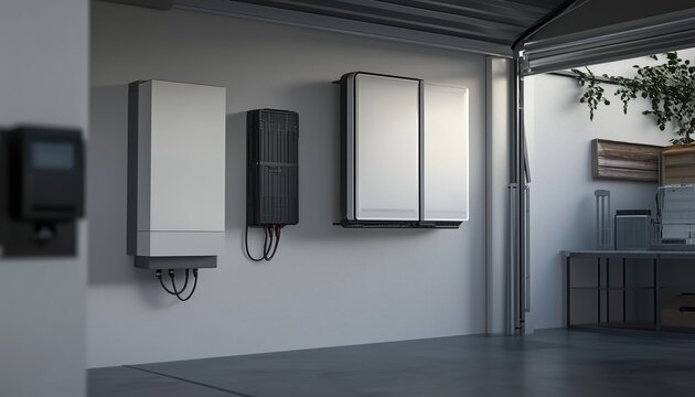 A sleek solar inverter and battery setup mounted on a garage wall, showcasing modern energy technology designed for efficient power storage and management.