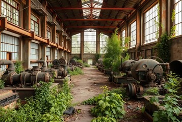 Abandoned Industrial Factory A deserted factory with rusted mach