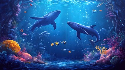 Fototapeta premium Underwater background of the ocean floor with fish whales