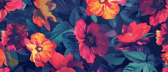 Vibrant Floral Pattern with Bold Colors and Leaves
