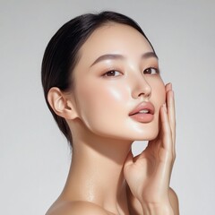 This stunning portrait features an elegant Asian woman with smooth, clear skin, exuding beauty and confidence. The minimalist aesthetic highlights her natural glow and charm.
