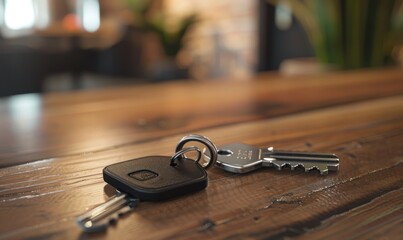Keychain on the entryway table, 4K hyperrealistic photo