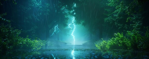 Mystical forest scene with lightning strike illuminating the path.