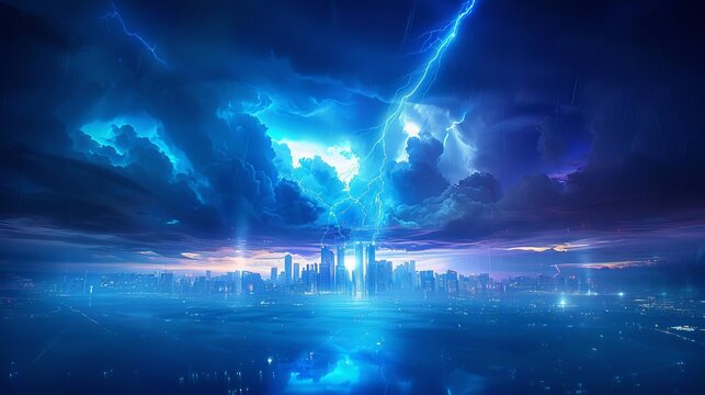 Dramatic lightning strike over a cityscape at night.