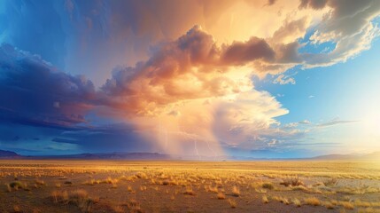 Dramatic sunset over a vast desert landscape with vibrant clouds and a golden glow.