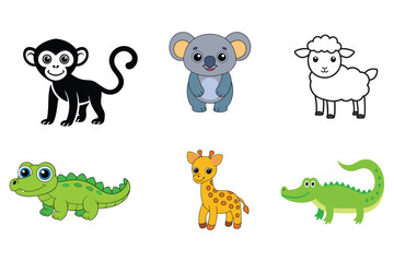 A charming vector set of animal line art illustrations, featuring a crocodile, giraffe, koala, monkey, lion, and sheep. Perfect for educational, playful, and nature-themed designs.
