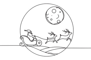 One continuous line drawing Santa Claus on reindeer and sled. concept for Christmas and New Year. vector illustration.