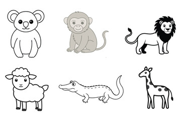 Obraz premium A charming vector set of animal line art illustrations, featuring a crocodile, giraffe, koala, monkey, lion, and sheep. Perfect for educational, playful, and nature-themed designs.