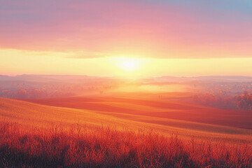 Obraz premium Vibrant sunset over rolling hills with misty valleys in the background