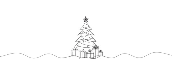 Continuous one line drawing of christmas tree and gift. Merry christmas concept, vector illustration.