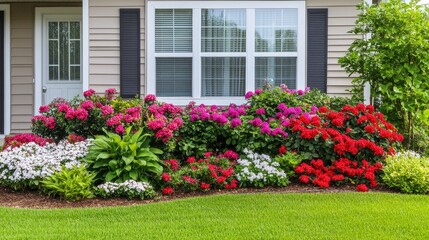 Air source heat pump attached to the side of a residential home, with a well-maintained garden in the foreground.