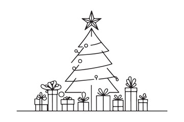 Continuous one line drawing of christmas tree and gift. Merry christmas concept, vector illustration.