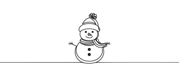 Simple one line drawing of a cheerful snowman in a scarf and hat, vector illustration