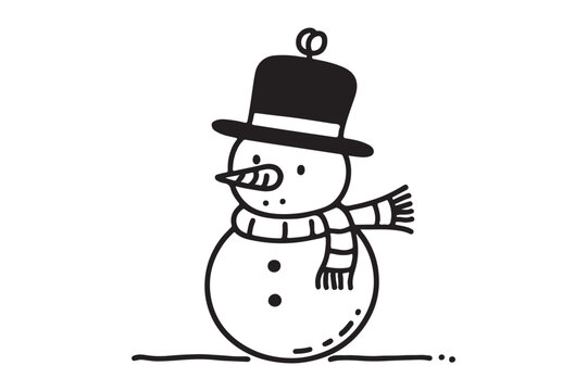 Simple one line drawing of a cheerful snowman in a scarf and hat, vector illustration