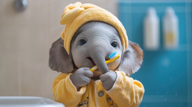 Bathroom baby elephant brushing teeth with toothbrush wearing pajama and towel turban