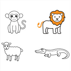 A charming vector set of animal line art illustrations, featuring a crocodile, giraffe, koala, monkey, lion, and sheep. Perfect for educational, playful, and nature-themed designs.