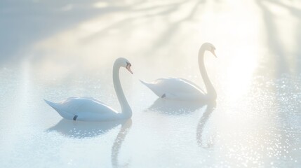 Fototapeta premium Majestic Winter Swans: Graceful Pair Gliding on Frozen Lake with Cinematic Light